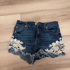 Altar'd State Blue Jean Shorts with White Floral Embroidery